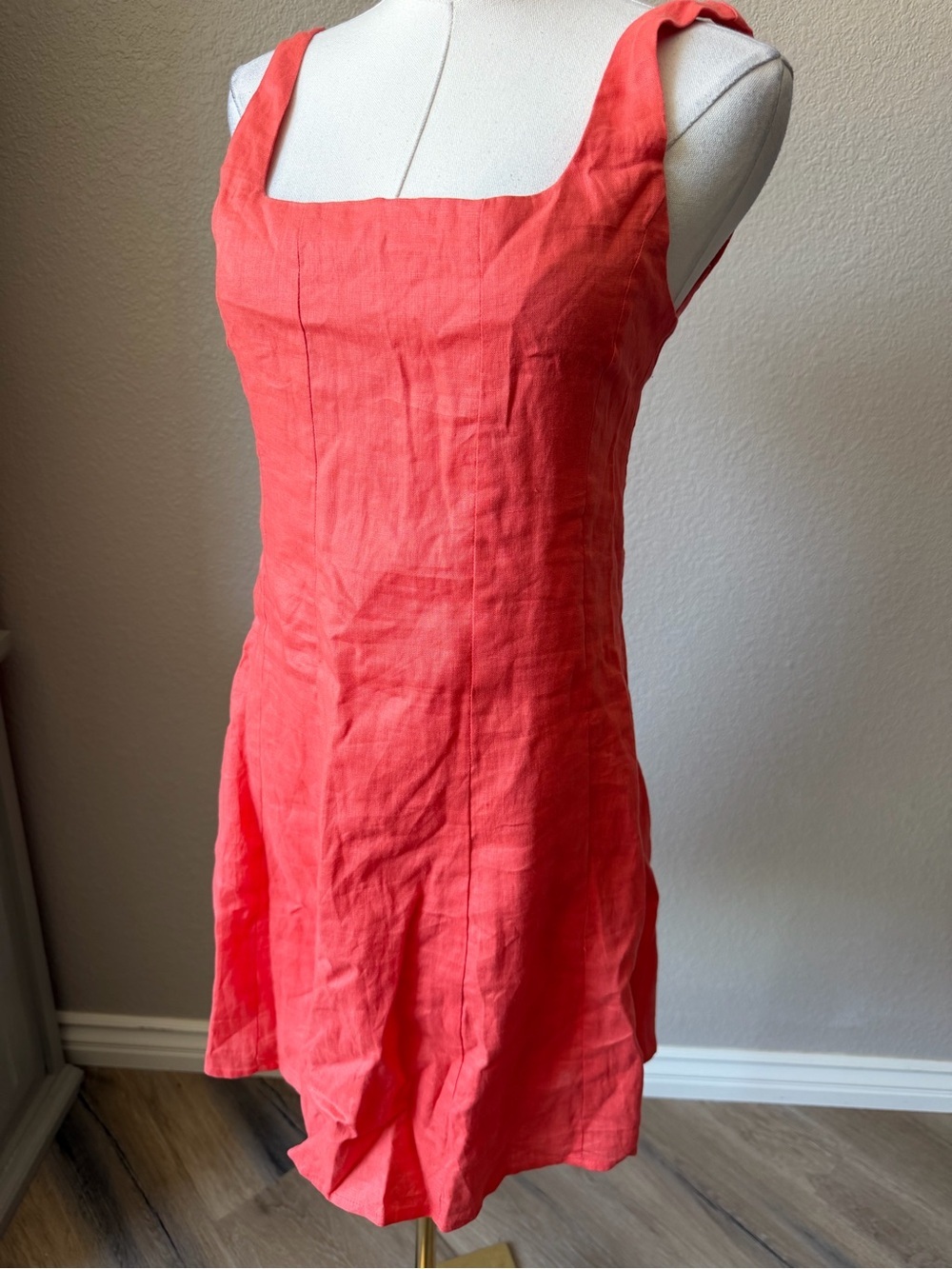 NWT Petal & Pup Coral Blood Orange Square-Neck Mini Dress Linen Mini, Size 2